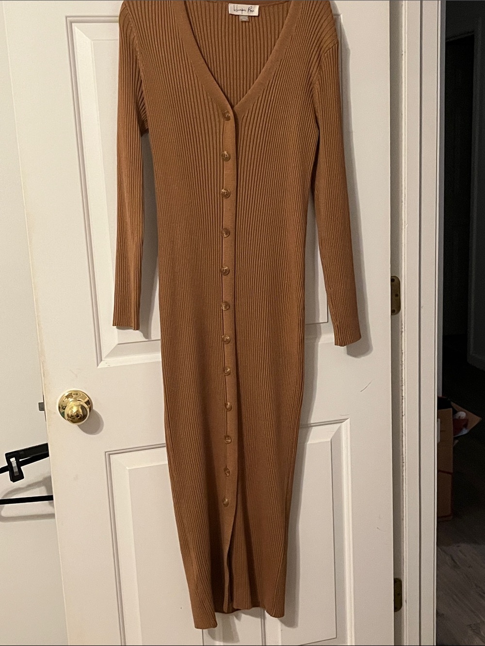 Long Sleeve Ribbed Button-Down Maxi Dress in Camel by Lulus
